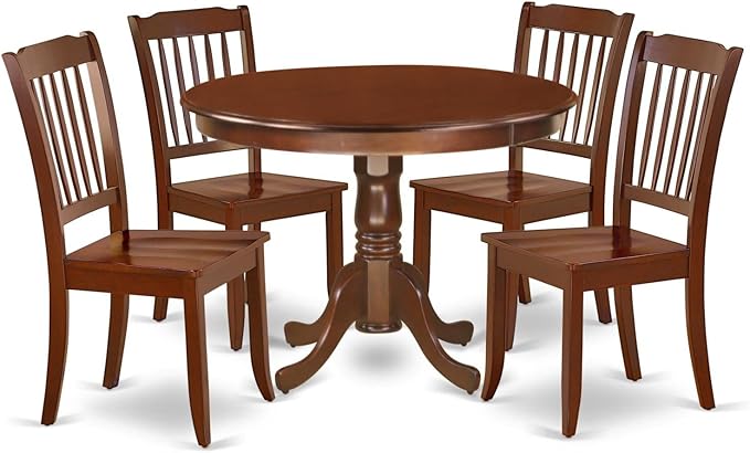 East West Furniture HLDA5-MAH-W 5 Piece Dining Room Table Set Includes a Round Dining Table with Pedestal and 4 Wood Seat Chairs, 42x42 Inch, Mahogany - LeafyLoom
