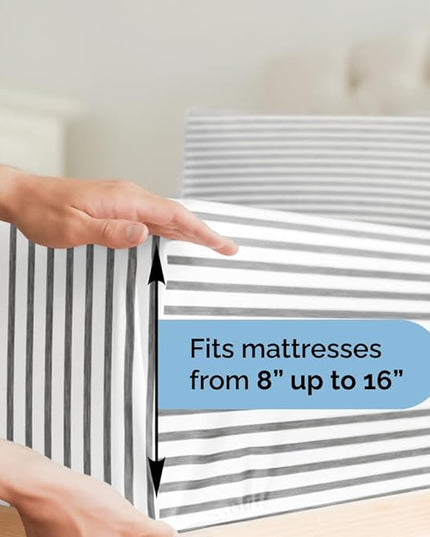Cal King Size 4 Piece Sheet Set - Comfy Breathable & Cooling Sheets - Hotel Luxury Bed Sheets for Women & Men - Deep Pockets, Easy-Fit, Soft & Wrinkle Free Sheets - Grey Stripes Oeko-Tex Bed Sheet Set - LeafyLoom