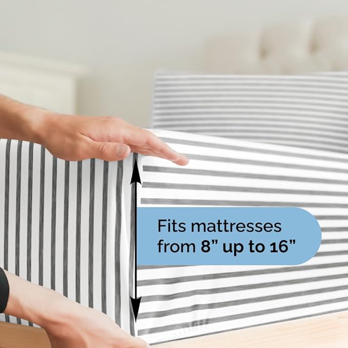 King Size 4 Piece Sheet Set - Comfy Breathable & Cooling Sheets - Hotel Luxury Bed Sheets for Women & Men - Deep Pockets, Easy-Fit, Soft & Wrinkle Free Sheets - Grey Stripes Oeko-Tex Bed Sheet Set - LeafyLoom