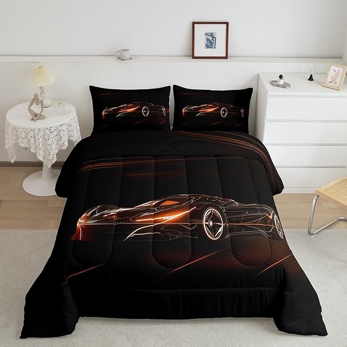 Feelyou Orange Race Car Bedding Set King Size for Kids Boys Extreme Sport Games Comforter Set Teens Toddler Fast and Furious Duvet Set Cool Modern Quilt Set 3Pcs - LeafyLoom