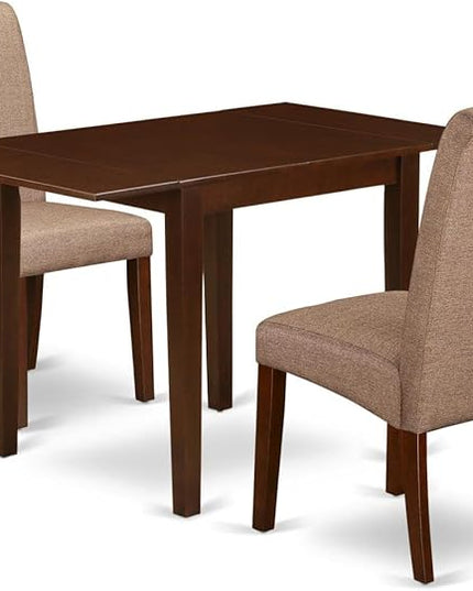 East West Furniture NDBA3-MAH-18 Norden 3 Piece Kitchen Set Contains a Rectangle Room Table with Dropleaf and 2 Brown Linen Fabric Parson Dining Chairs, 30x48 Inch, Mahogany - LeafyLoom