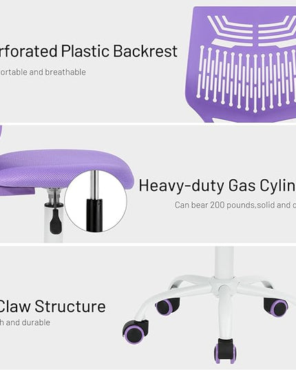 Kids Desk Chair, Armless Home Office Task Chair with Mesh Padded Cushion, Swivel Study Computer Chair with Rolling Wheels for Children Student, Purple - LeafyLoom