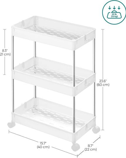 SONGMICS Slim Storage Cart, 3-Tier Rolling Cart, Narrow Utility Cart on Wheels, 6 Hooks, 360° Swivel Wheels, Lockable, Steel Frame, Bathroom, Kitchen, Office, Cloud White UKSC009W01 - LeafyLoom