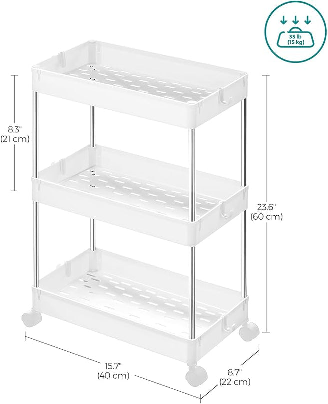 SONGMICS Slim Storage Cart, 3-Tier Rolling Cart, Narrow Utility Cart on Wheels, 6 Hooks, 360° Swivel Wheels, Lockable, Steel Frame, Bathroom, Kitchen, Office, Cloud White UKSC009W01 - LeafyLoom