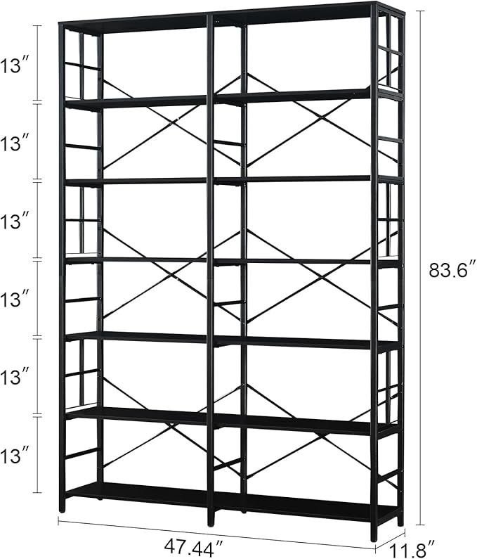 HOMISSUE Tall Bookshelf, 84" Bookshelves and Bookcases Double Wide 7-Tier Bookshelf, Tall Bookcase Wood Style and Metal Open Display Shelves for Living Room Home Office - LeafyLoom