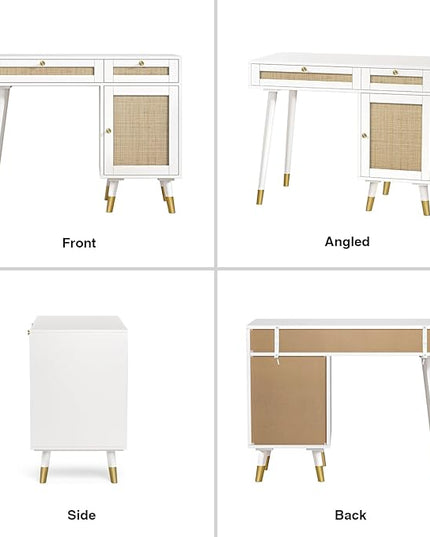 Anmytek Rattan Vanity Desk with Drawers and Storage, White Makeup Vanity Table Modern Home Office Desk Computer Desk for Study D0006 - LeafyLoom
