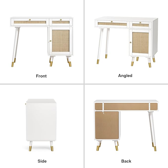Anmytek Rattan Vanity Desk with Drawers and Storage, White Makeup Vanity Table Modern Home Office Desk Computer Desk for Study D0006 - LeafyLoom