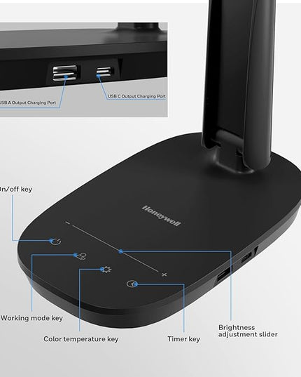 Honeywell Sunturalux™ LED Desk Lamp Dimmable Desk Light with USB A+C Dual Charging Port Eye-Caring Foldable Table Lamp with 4 Color Modes for Home Office Bedroom Reading Study Work HWT-H2B Black - LeafyLoom