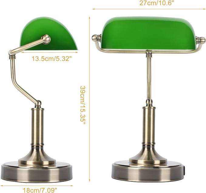 Bankers Lamp, Green Desk Lamp with Touch Control Switch, Retro Lamp with USB and Type C Charging Ports, Vintage Lamp for Home Office, Piano, Library, LED Bulb Included (Vintage) - LeafyLoom