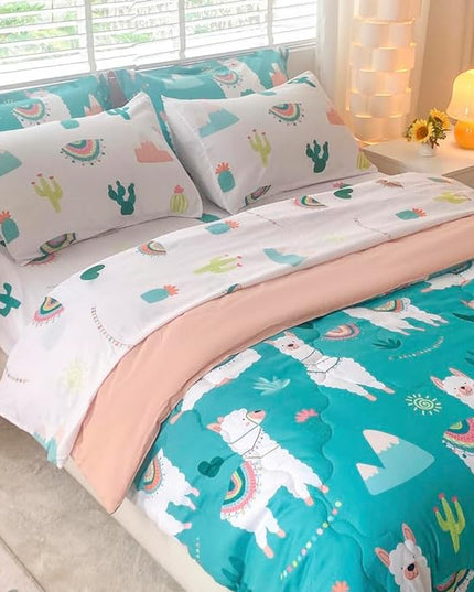 Wajade Kids Llama Comforter Set Bed in A Bag Twin Size 7 Piece Cute Alpaca Tropical Plant Cactus Bedding Set for Girls Boys (1 Comforter, 1 Flat Sheet, 1 Fitted Sheet, 2 Pillowcase and 2 Pillow Sham) - LeafyLoom
