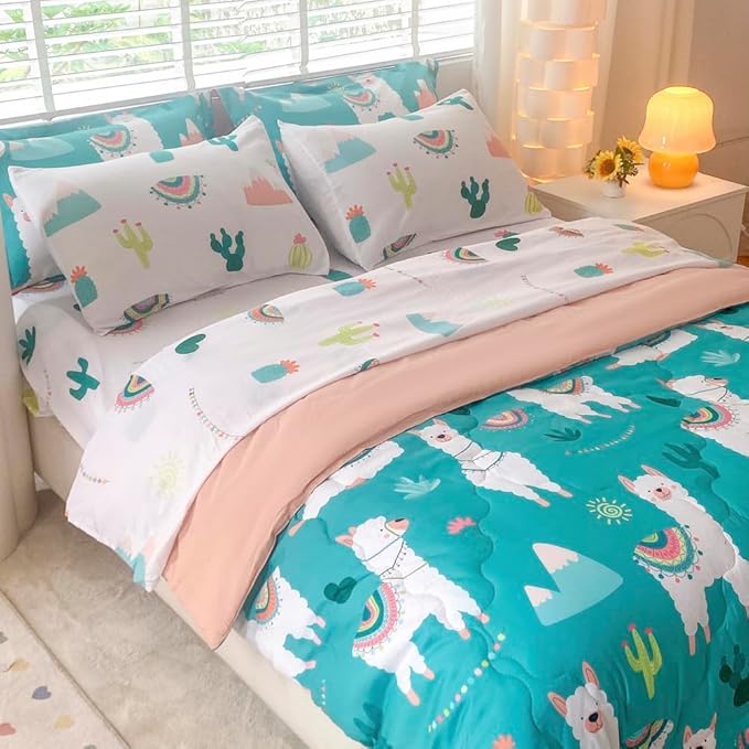 Wajade Kids Cute Llama Comforter Set Bed in A Bag Full Size 7 Piece Green Alpaca Tropical Plant Bedding Set for Girls Boys (1 Comforter, 1 Flat Sheet, 1 Fitted Sheet, 2 Pillowcase and 2 Pillow Sham) - LeafyLoom