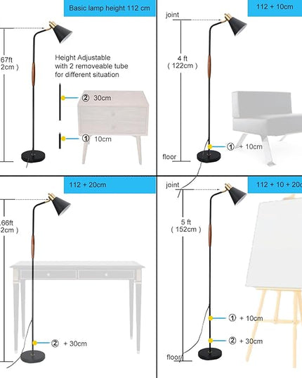 NIOSTA Height Adjustable Reading Floor Lamp,Industrial Modern Style,360 Degree Rotatable,Black & Brushed Copper Finsh, 3 Color Temperature (Black+Wood) - LeafyLoom