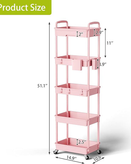5 Tier Small Rolling Cart Organizer,Bathroom Cart Organizers with Wheels Laundry Room Organization Mobile Shelving Unit Utility Cart Storage Shelves Multi-Functional for Office, Home(Pink) - LeafyLoom