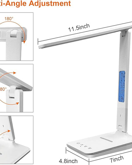 Desk Lamp with Wireless Charger, USB Charging Port, Dimmable Office Desk Light with Clock, Alarm, Date, Temperature, Foldable Lamp for Table Bedroom Bedside Office (White) - LeafyLoom