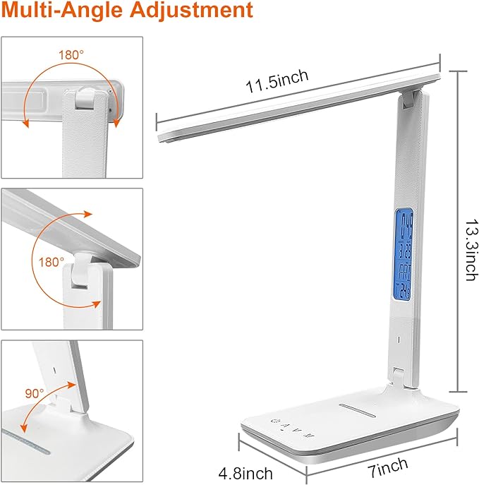 Desk Lamp with Wireless Charger, USB Charging Port, Dimmable Office Desk Light with Clock, Alarm, Date, Temperature, Foldable Lamp for Table Bedroom Bedside Office (White) - LeafyLoom