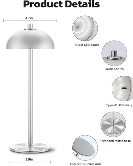 Rechargeable Cordless Table Lamp 2 Pack - 5000mAh Battery Powered Lamp, 3 Color Stepless Dimming LED Table Light with Memory Function for Indoor, Outdoor, Dinner, Patio, Cafe.(Silver) - LeafyLoom