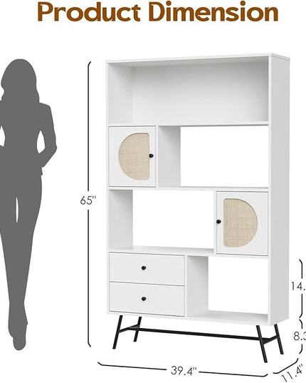 Soohow 4 Shelf Bookcase and Bookshelves with Drawer, 65” Tall Bookcases with Storage Shelves, Bookshelves and Bookcases with Rattan Cabinet and Metal Legs for Home Office, Living Room and Bedroom. - LeafyLoom