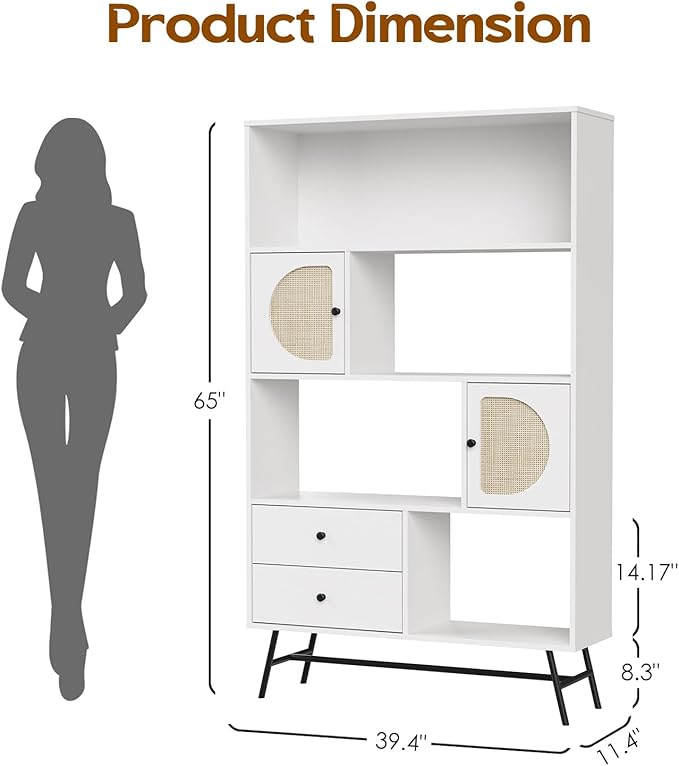 Soohow 4 Shelf Bookcase and Bookshelves with Drawer, 65” Tall Bookcases with Storage Shelves, Bookshelves and Bookcases with Rattan Cabinet and Metal Legs for Home Office, Living Room and Bedroom. - LeafyLoom