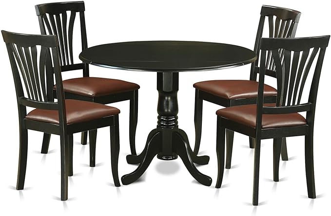 East West Furniture DLAV5-BLK-LC 5 Piece Modern Dining Table Set Includes a Round Wooden Table with Dropleaf and 4 Faux Leather Upholstered Dining Chairs, 42x42 Inch, Black - LeafyLoom