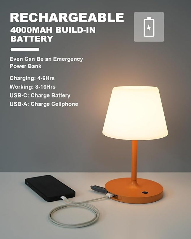 Outdoor Battery Operated Table Lamp Waterproof, 4000mAh Cordless Table Lamp Rechargeable, Touch Dimmable Desk Lamp, LED Night Light for Patio Camping Restaurant Home, H9.6in, Orange - LeafyLoom