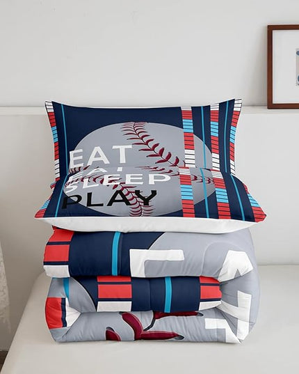 Feelyou Baseball Comforter Set Sports Game Bedding Set for Boys Girls Children Baseball Gaming Blue Stripe Comforter Gift for Baseball Softball Lover Room Decor Twin Size Quilt Set - LeafyLoom