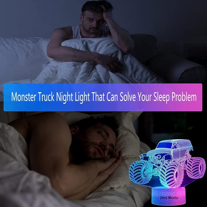 3D LED Lamp for Kids Room Night Lights for Kids Monster Trucks for Boys, with Smart Touch 7 Colors Changing Dimmable Monster Truck Light, for 1 2 3 4 5 6 7 8 Year Old Boy/Girl Birthday Xmas Gifts - LeafyLoom