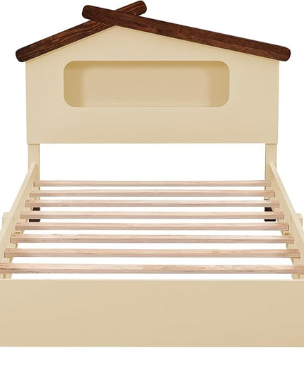Bellemave Twin Size Cream Wood Kids Bed Frame, House-Shaped Headboard with Motion Activated Night Lights, Sturdy Construction, Easy Assembly, 200 lbs Capacity - LeafyLoom