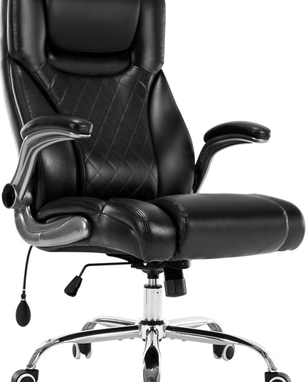 Executive Office Chair Desk Swivel Chair High Back Computer Chair - Adjustable Lumbar Support with Flip-Up Arms PU Leather Chair with Spring Cushion (Black) - LeafyLoom