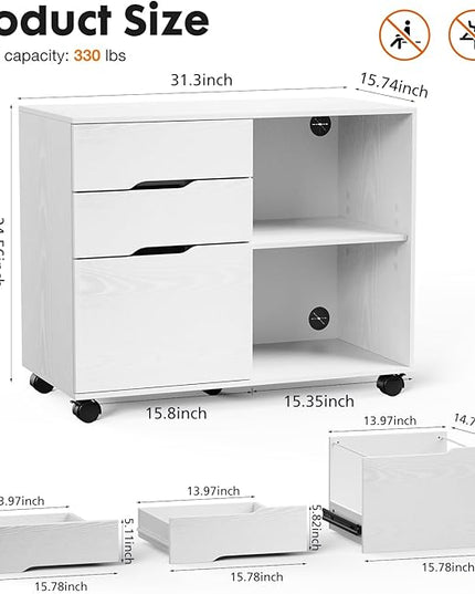 Sweetcrispy 3 Drawer File Cabinet Organizer Lateral Printer Stand Rolling Desk with Adjustable Storage Shelves for Office Home Small Space, White Wood - LeafyLoom