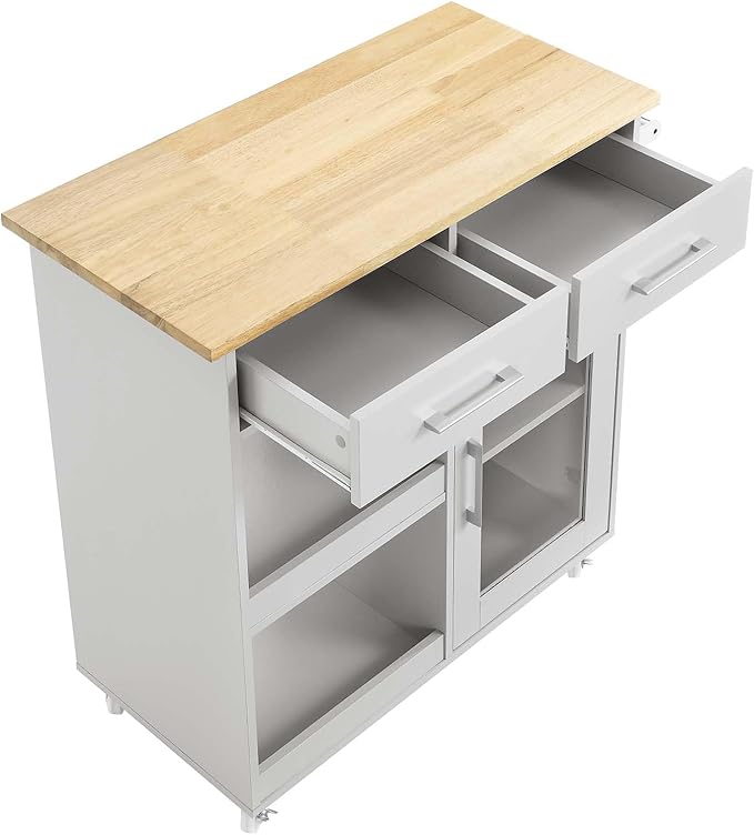 Modway Culinary Rolling Kitchen Cart with Storage in Light Gray Natural - 3 Tiers Kitchen Island on Wheels with Towel Bar, Functional as a Coffee Station, Bar Cabinet or Butcher Block Island - LeafyLoom