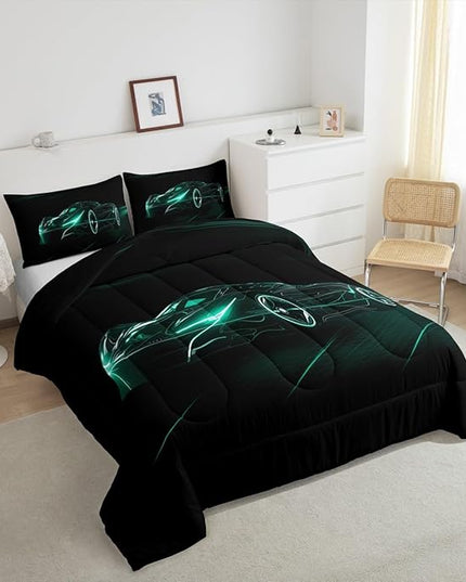 Feelyou Teal Race Car Bedding Set Twin Size for Kids Boys Extreme Sport Games Comforter Set Teens Toddler Fast and Furious Duvet Set Cool Modern Quilt Set 2Pcs - LeafyLoom