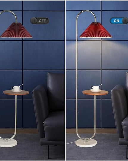 Modern Elegant with Tray Floor Lamp for Office Cafe Den Living Room Bedroom, Foot Switch and Chrome Finish,Red Pleated Cloth Lampshade - LeafyLoom