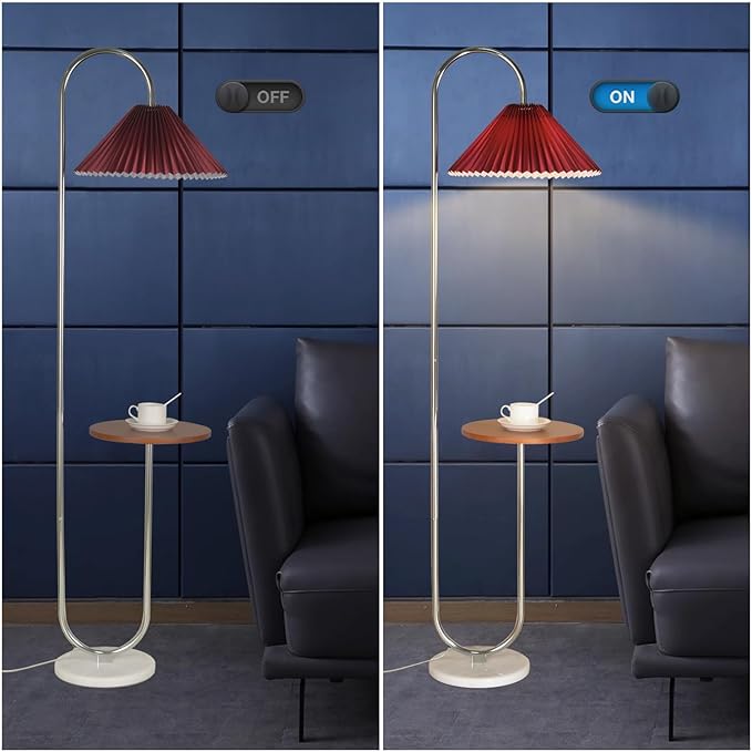 Modern Elegant with Tray Floor Lamp for Office Cafe Den Living Room Bedroom, Foot Switch and Chrome Finish,Red Pleated Cloth Lampshade - LeafyLoom