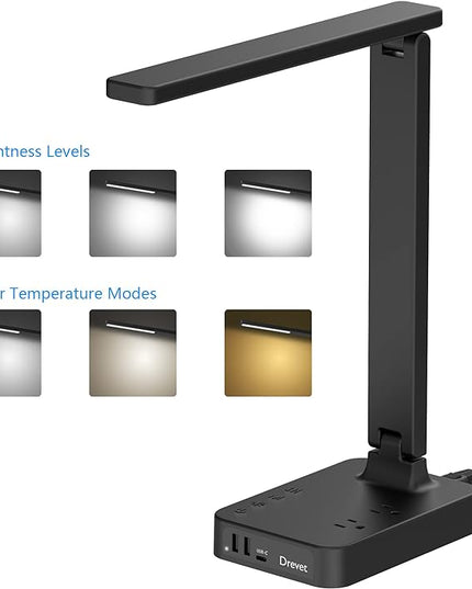 Drevet LED Desk lamp with USB C Charging Port, Table Light with 3 USB Charger and 2 AC Power Outlet, 3 Color Model, 3 Level Brightness, Touch Control, Memory Function, Eye-Caring Office Foldable Lamp - LeafyLoom