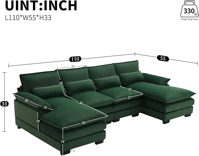 Symmetrical Modular Sectional Sofa with Chaise Lounge, 6 Seater Velvet Upholstered Cloud Couch, U Shaped Oversized Sleeper Sofa&Couches with Thicked Cushion & Detackable Backrest Living Room - LeafyLoom
