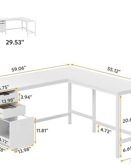 Tribesigns L Shaped Desk with File Drawer Cabinet, 59 Inch Corner Desk L Shaped Computer Desk with Drawers, PC Table Writing Desk for Home Office, White - LeafyLoom