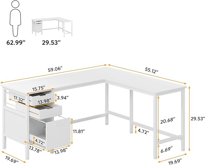 Tribesigns L Shaped Desk with File Drawer Cabinet, 59 Inch Corner Desk L Shaped Computer Desk with Drawers, PC Table Writing Desk for Home Office, White - LeafyLoom