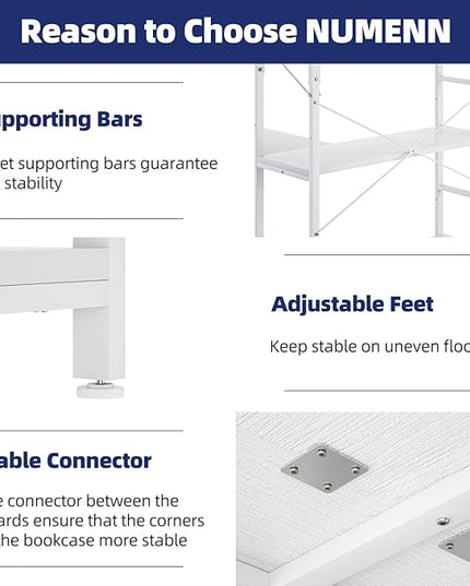 NUMENN 5 Tier Corner Bookshelf, Modern Corner Bookcase, Large Open Shelf Bookcase, Tall Bookshelves Storage Display Rack for Bedroom, Living Room and Home Office, White - LeafyLoom