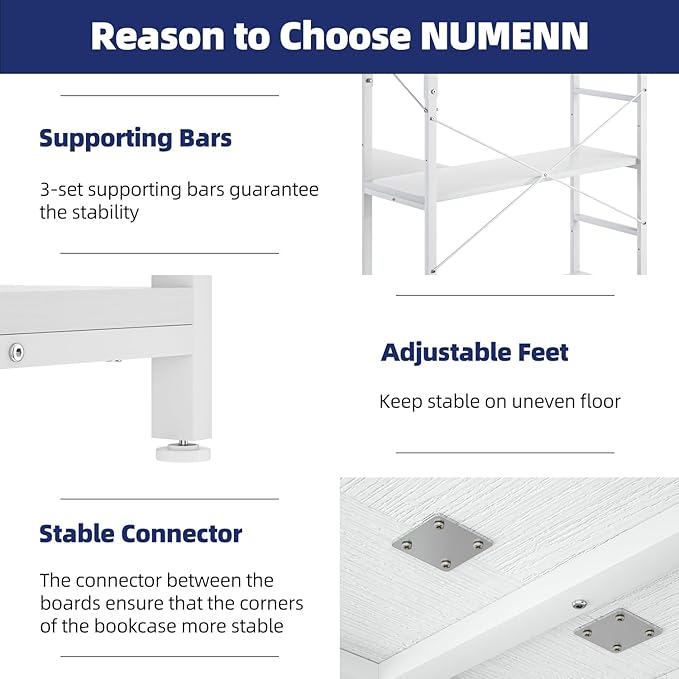NUMENN 5 Tier Corner Bookshelf, Modern Corner Bookcase, Large Open Shelf Bookcase, Tall Bookshelves Storage Display Rack for Bedroom, Living Room and Home Office, White - LeafyLoom