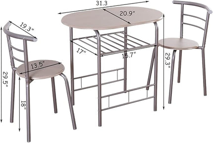 DORTALA 3PCS Dining Table Set, 1 table & 2 chairs set, 3 Piece Compact Dining Set, Oval Table & Mid-back Chairs w/Built-in Wine Rack, Suitable for Small Space, Silver & Natural - LeafyLoom