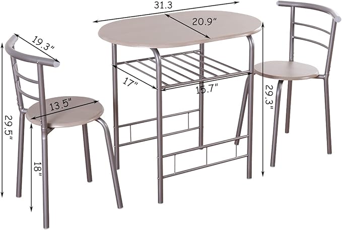 DORTALA 3PCS Dining Table Set, 1 table & 2 chairs set, 3 Piece Compact Dining Set, Oval Table & Mid-back Chairs w/Built-in Wine Rack, Suitable for Small Space, Silver & Natural - LeafyLoom