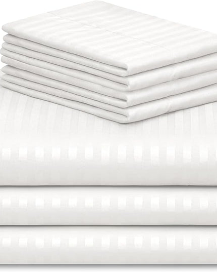 LuxClub 7 PC Split King Size Sheet Set Bed Sheets, Breathable Luxury Bed Sheets, Deep Pockets 18" Wrinkle Free Cooling Bed Sheets Machine Washable Hotel Bedding (Split King, Striped White) - LeafyLoom