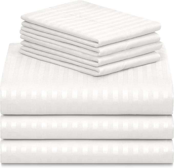 LuxClub 7 PC Split King Size Sheet Set Bed Sheets, Breathable Luxury Bed Sheets, Deep Pockets 18" Wrinkle Free Cooling Bed Sheets Machine Washable Hotel Bedding (Split King, Striped White) - LeafyLoom