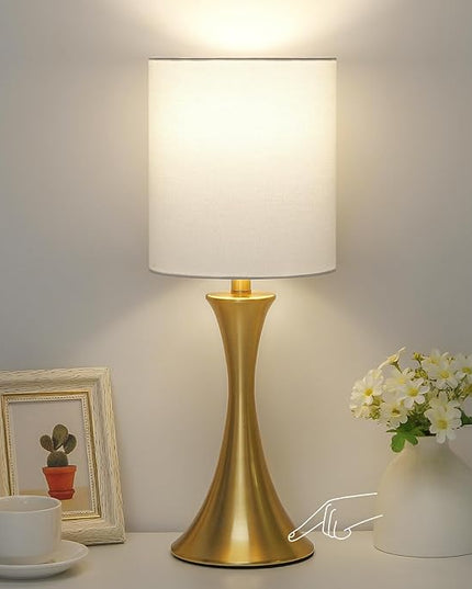 Gold Bedside Lamp Touch Control Table Lamp for Bedroom, 3-Way Dimmable Nightstand Lamp with White Shade, Modern Table Lamp for Living Room, Minimalist Desk Lamp for Dorm, Home, Office, Bulb Included - LeafyLoom