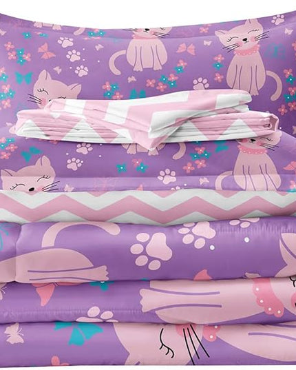 5 Piece Girls Cat Comforter Set Full Size Bed in A Bag Pink Cute Cartoon Cats Bedding Set for Kids Teens (1 Comforter, 1 Flat Sheet, 1 Fitted Sheet, 2 Pillowcases), Purple Pink - LeafyLoom
