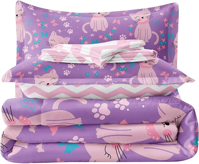 5 Piece Girls Cat Comforter Set Full Size Bed in A Bag Pink Cute Cartoon Cats Bedding Set for Kids Teens (1 Comforter, 1 Flat Sheet, 1 Fitted Sheet, 2 Pillowcases), Purple Pink - LeafyLoom