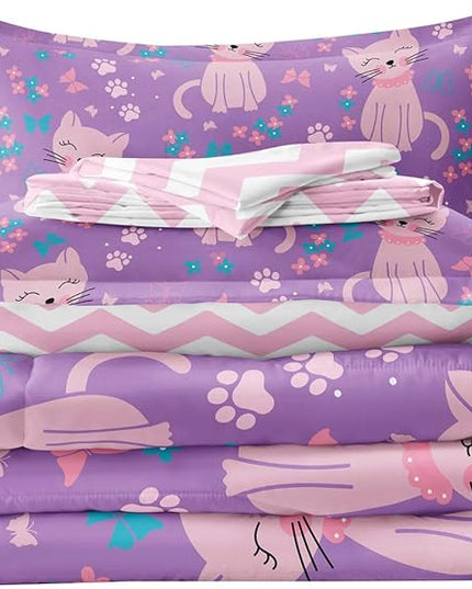 5 Piece Girls Cat Comforter Set Twin Size Bed in A Bag Pink Cute Cartoon Cats Bedding Set for Kids Teens (1 Comforter, 1 Flat Sheet, 1 Fitted Sheet, 2 Pillowcases), Purple Pink - LeafyLoom