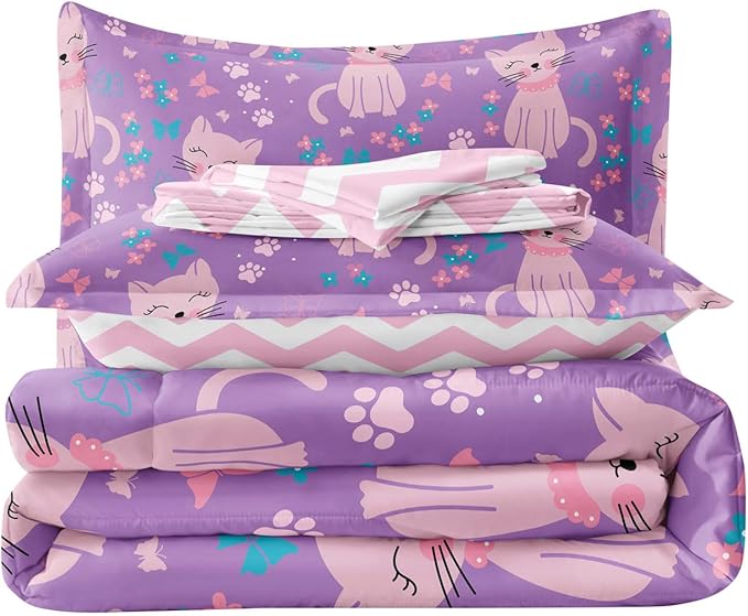 5 Piece Girls Cat Comforter Set Twin Size Bed in A Bag Pink Cute Cartoon Cats Bedding Set for Kids Teens (1 Comforter, 1 Flat Sheet, 1 Fitted Sheet, 2 Pillowcases), Purple Pink - LeafyLoom