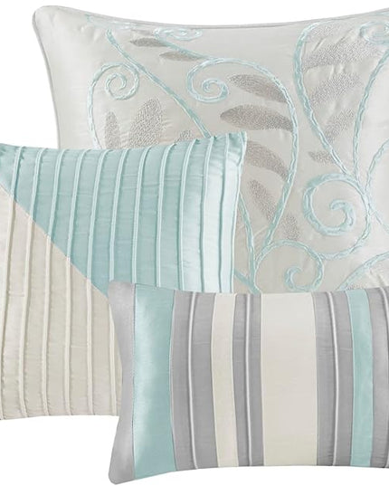 Madison Park Amherst Faux Silk Comforter Set-Casual Contemporary Design All Season Down Alternative Bedding, Matching Shams, Bedskirt, Decorative Pillows, King(104"x92"), Aqua, 7 Piece (MP10-2980) - LeafyLoom