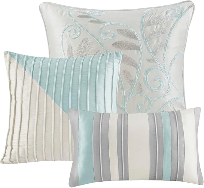 Madison Park Amherst Faux Silk Comforter Set-Casual Contemporary Design All Season Down Alternative Bedding, Matching Shams, Bedskirt, Decorative Pillows, King(104"x92"), Aqua, 7 Piece (MP10-2980) - LeafyLoom
